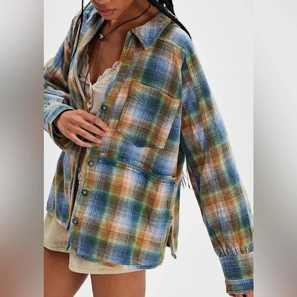 We The Free Plaid Long Sleeve Shirt Oversized Relax Fit - Picture 3 of 12
